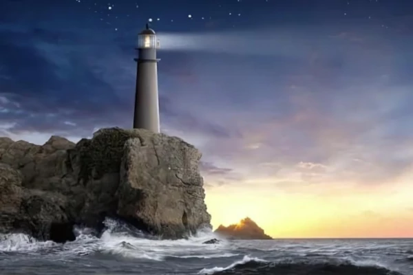 Farol aceso em cima de um penhasco à beira mar no entardecer simbolizando Compliance