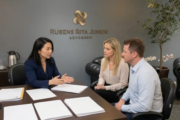 Advogada de etnia oriental com um casal à mesa tratando de questões relacionadas ao direito civil