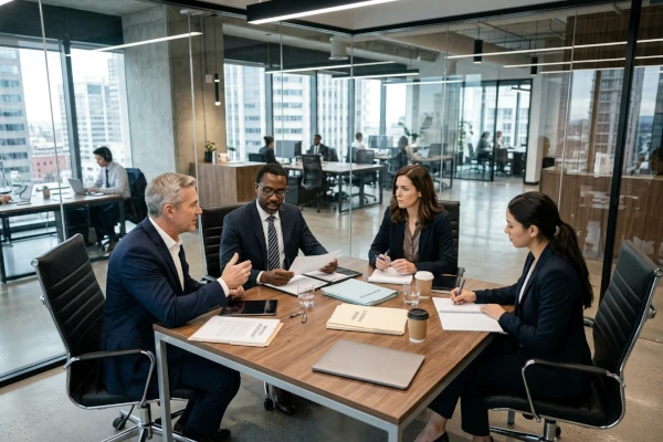 Quatro pessoas reunidas em uma sala de escritório discutindo sobre direito empresarial