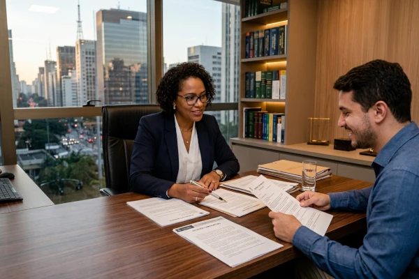 Um moça e um rapaz analisando documentos e discutindo sobre direito trabalhista em um escritório na Avenida Paulista